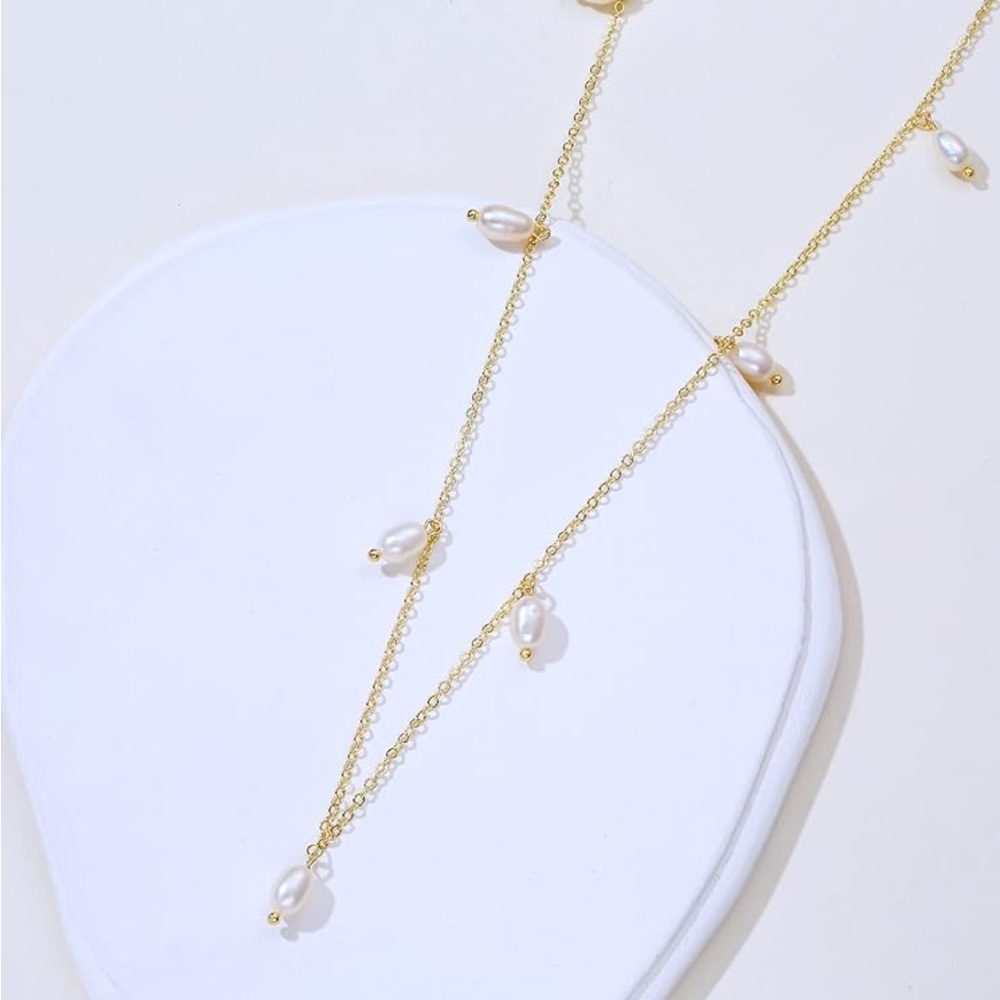 14K Gold Plated Dainty Dangle Pearl Necklace